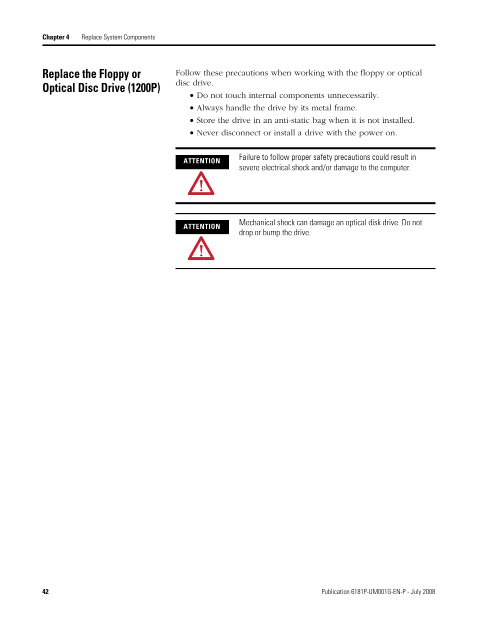 Replace the floppy or optical disc drive (1200p) | Rockwell Automation 6181P-xxxx Integrated Display Computers, Series A to D User Manual | Page 42 / 72