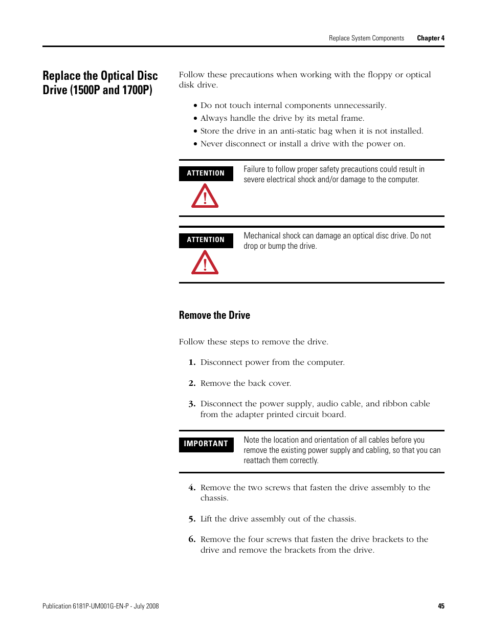 Replace the optical disc drive (1500p and 1700p), Remove the drive | Rockwell Automation 6181P-xxxx Integrated Display Computers, Series A to D User Manual | Page 45 / 72