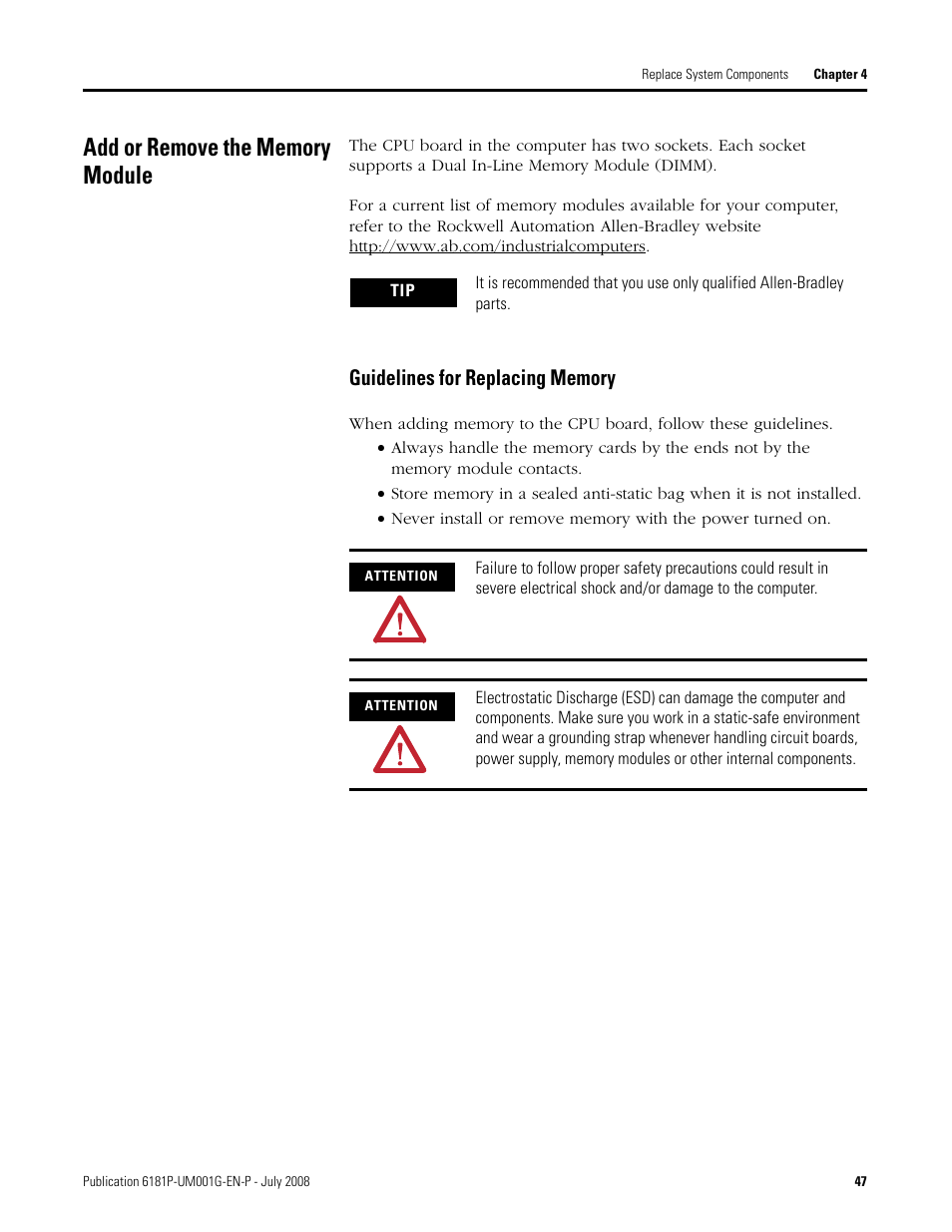 Add or remove the memory module, Guidelines for replacing memory | Rockwell Automation 6181P-xxxx Integrated Display Computers, Series A to D User Manual | Page 47 / 72