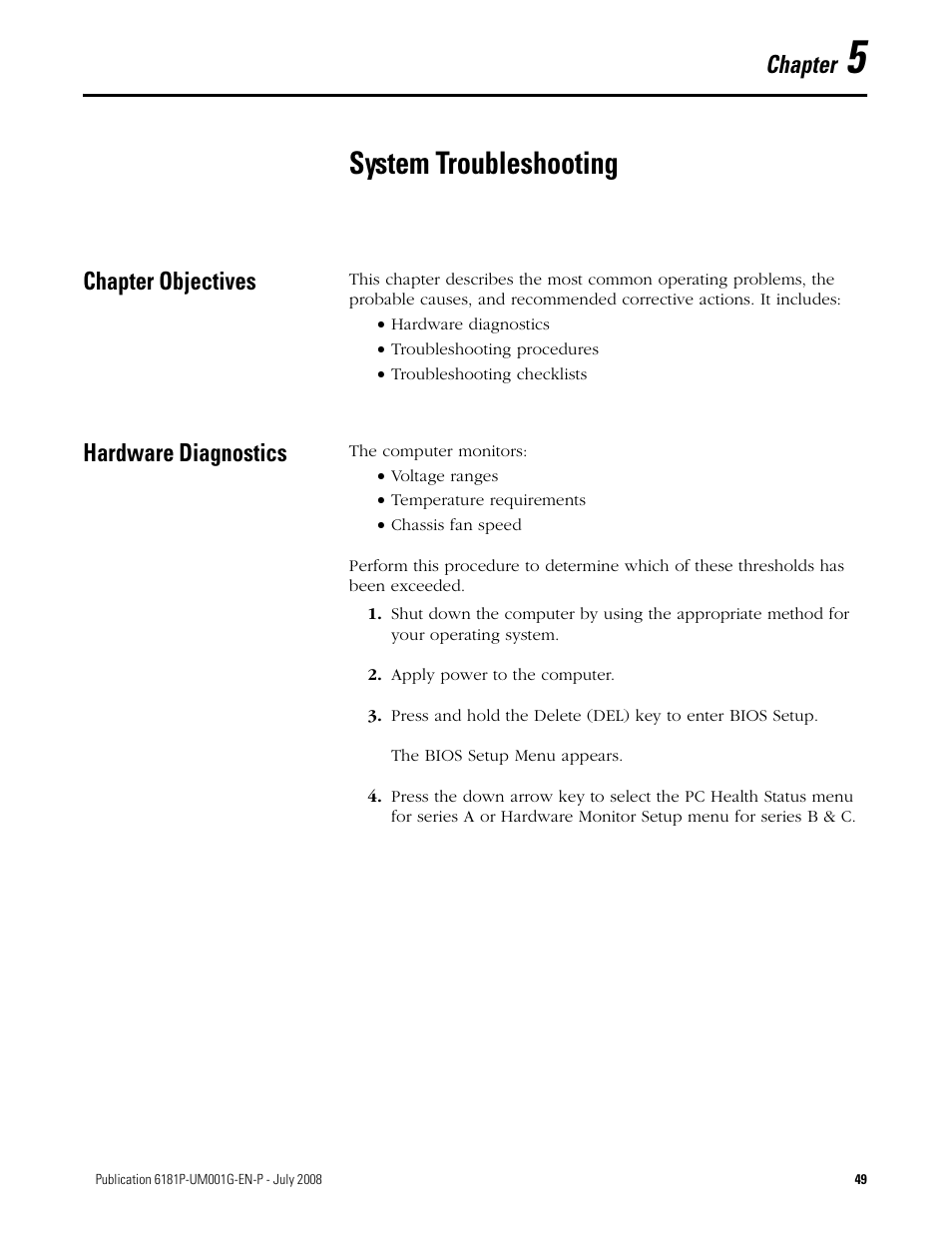 5 - system troubleshooting, Chapter objectives, Hardware diagnostics | Chapter 5, System troubleshooting, Chapter objectives hardware diagnostics, Chapter | Rockwell Automation 6181P-xxxx Integrated Display Computers, Series A to D User Manual | Page 49 / 72