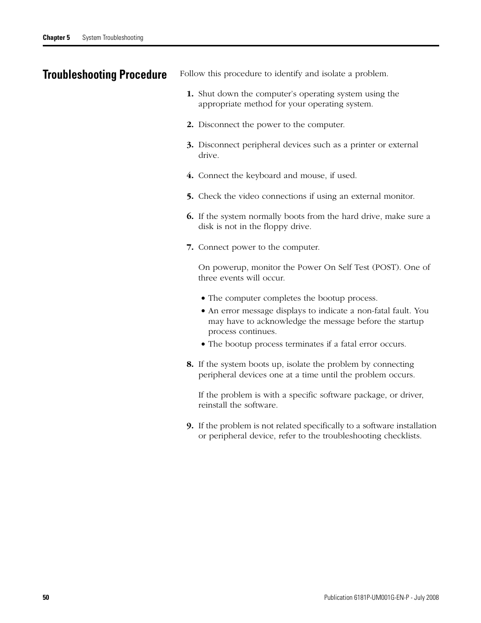 Troubleshooting procedure | Rockwell Automation 6181P-xxxx Integrated Display Computers, Series A to D User Manual | Page 50 / 72