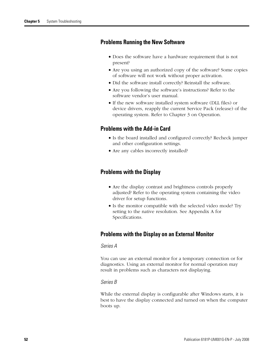 Problems running the new software, Problems with the add-in card, Problems with the display | Problems with the display on an external monitor | Rockwell Automation 6181P-xxxx Integrated Display Computers, Series A to D User Manual | Page 52 / 72