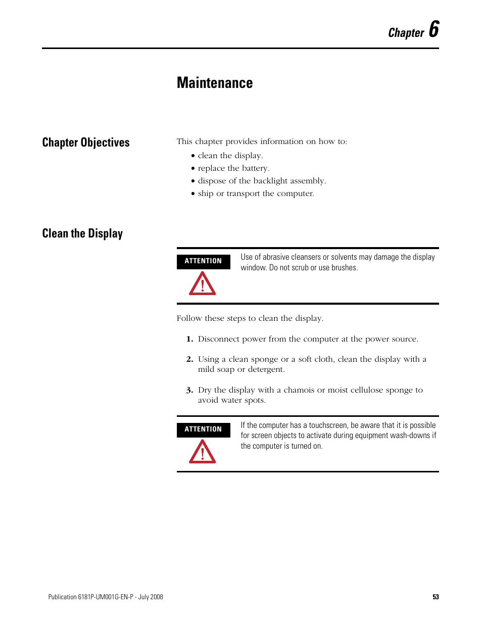 6 - maintenance, Chapter objectives, Clean the display | Chapter 6, Maintenance, Chapter objectives clean the display, Chapter | Rockwell Automation 6181P-xxxx Integrated Display Computers, Series A to D User Manual | Page 53 / 72