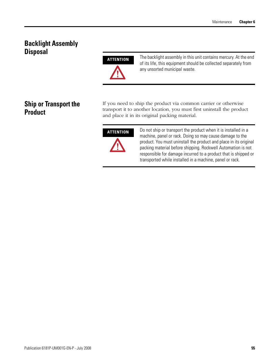 Backlight assembly disposal, Ship or transport the product | Rockwell Automation 6181P-xxxx Integrated Display Computers, Series A to D User Manual | Page 55 / 72