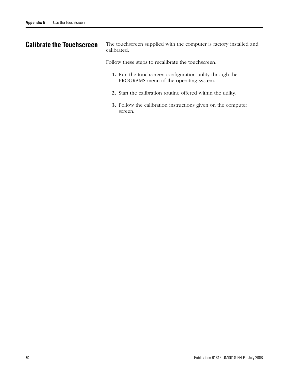 Calibrate the touchscreen | Rockwell Automation 6181P-xxxx Integrated Display Computers, Series A to D User Manual | Page 60 / 72