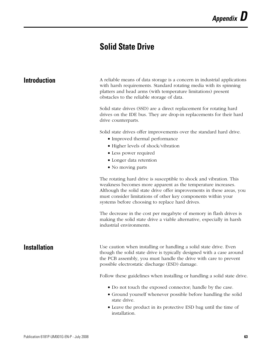 D - solid state drive, Introduction, Installation | Appendix d - solid state drive, Solid state drive, Appendix | Rockwell Automation 6181P-xxxx Integrated Display Computers, Series A to D User Manual | Page 63 / 72