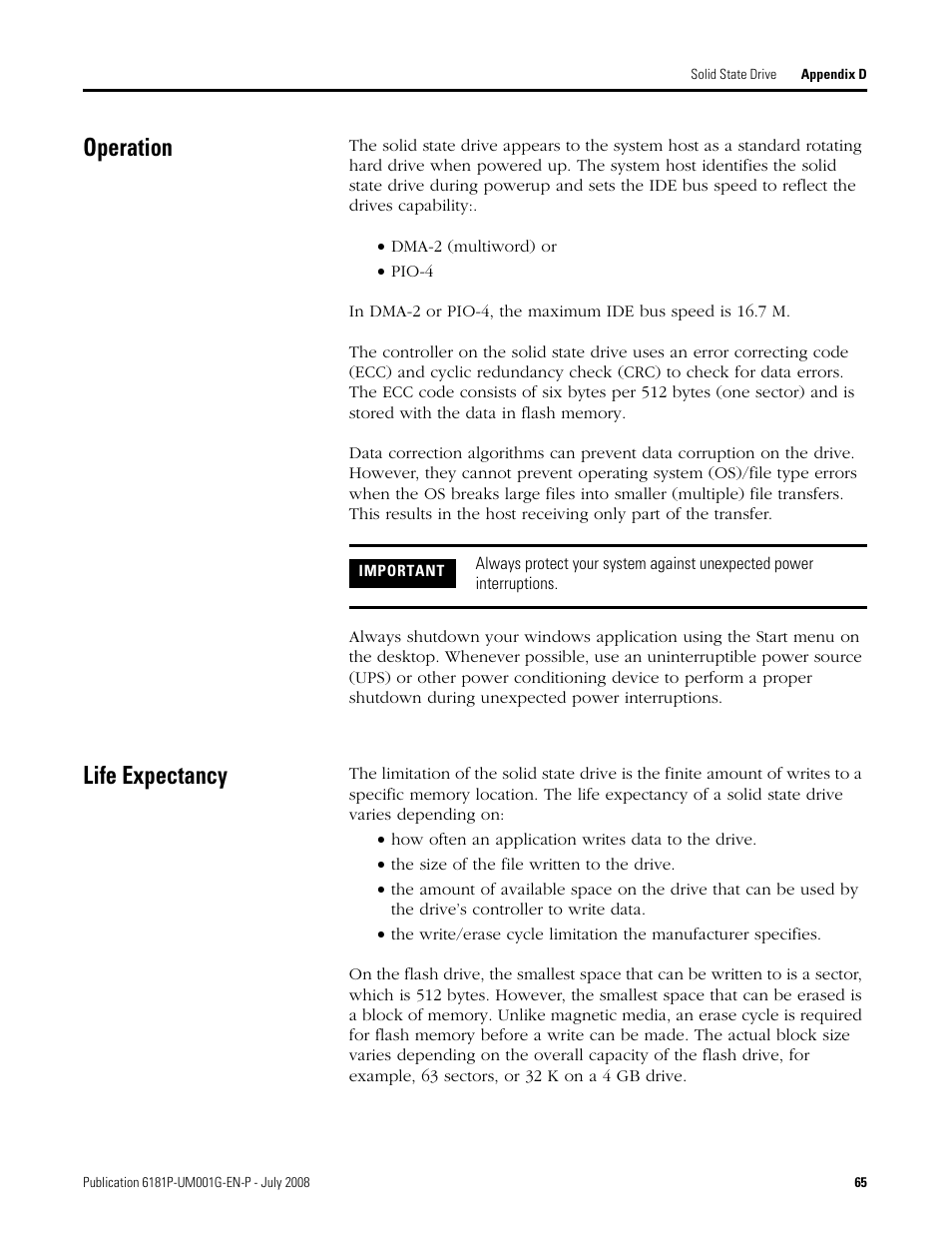 Operation, Life expectancy | Rockwell Automation 6181P-xxxx Integrated Display Computers, Series A to D User Manual | Page 65 / 72