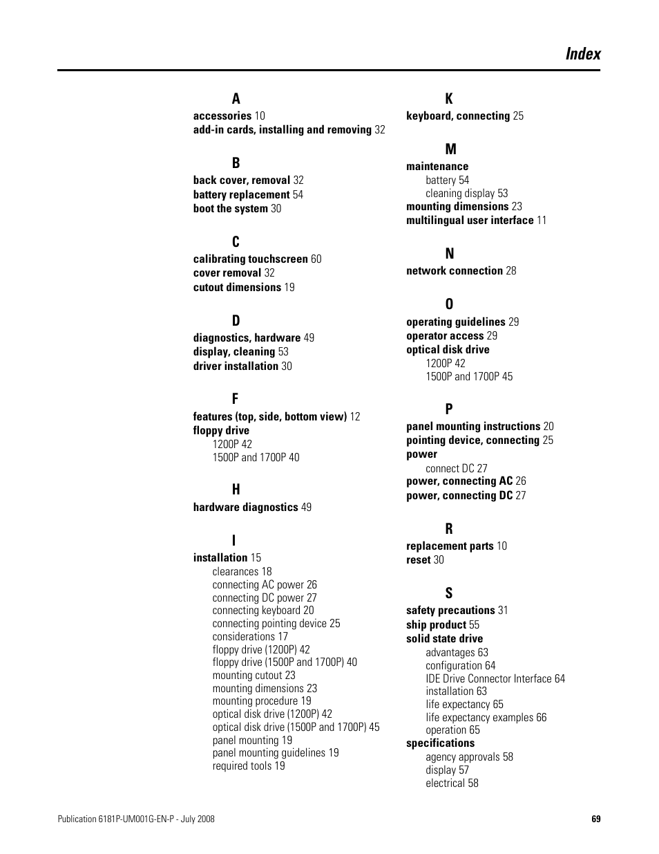 Index | Rockwell Automation 6181P-xxxx Integrated Display Computers, Series A to D User Manual | Page 69 / 72