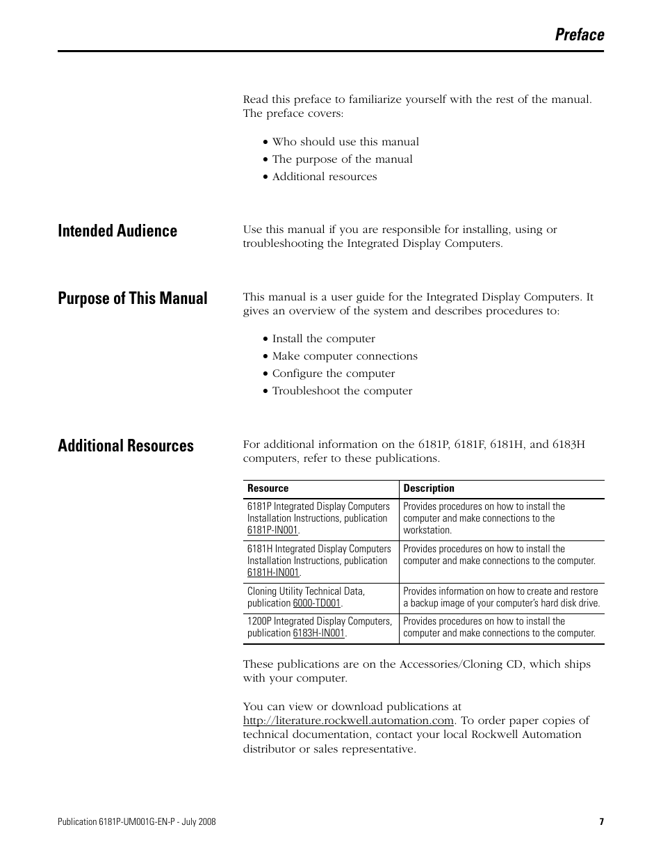 Preface, Intended audience, Purpose of this manual | Additional resources | Rockwell Automation 6181P-xxxx Integrated Display Computers, Series A to D User Manual | Page 7 / 72