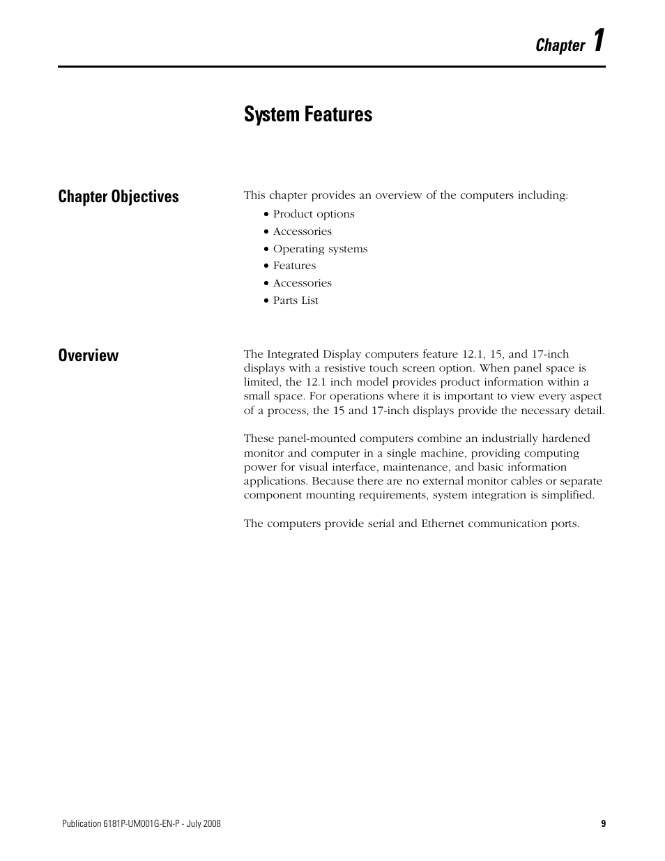 1 - system features, Chapter objectives, Overview | Chapter 1, System features, Chapter objectives overview, Chapter | Rockwell Automation 6181P-xxxx Integrated Display Computers, Series A to D User Manual | Page 9 / 72