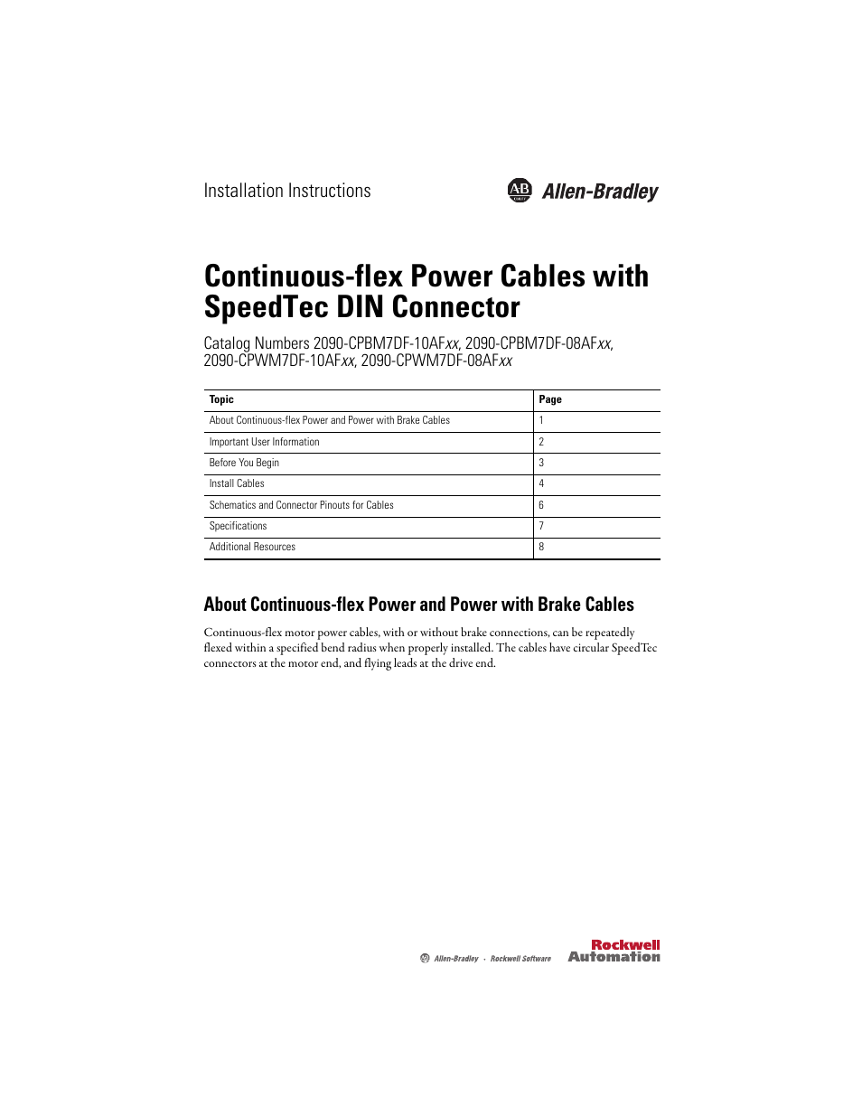 Rockwell Automation 2090-CPBM7DF-08AF Continuous-flex Power Cables with SpeedTec DIN Connector Installation Instruction User Manual | 8 pages