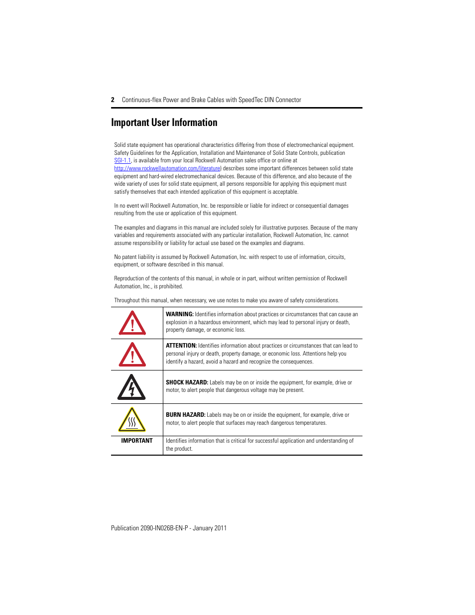 Important user information | Rockwell Automation 2090-CPBM7DF-08AF Continuous-flex Power Cables with SpeedTec DIN Connector Installation Instruction User Manual | Page 2 / 8