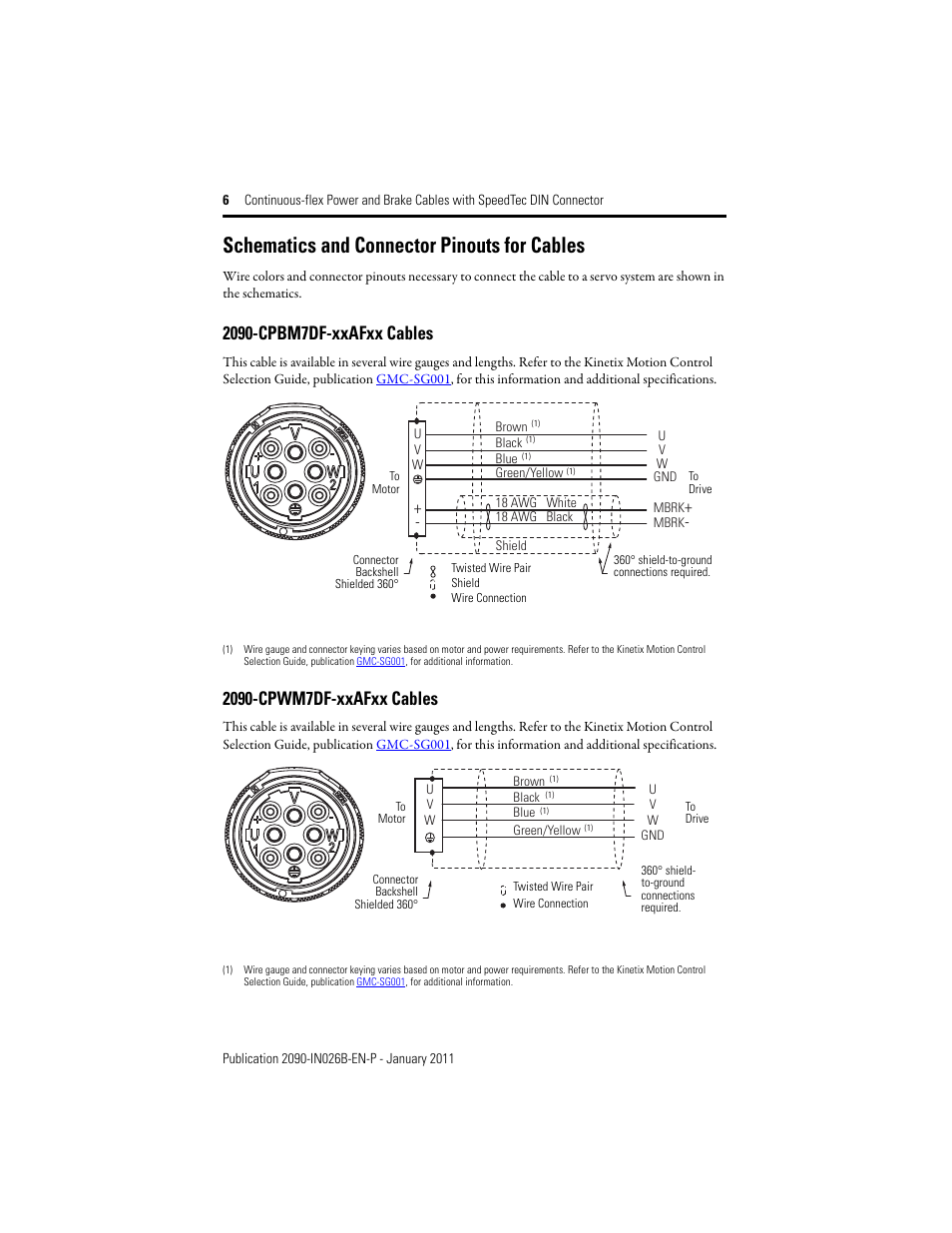 Schematics and connector pinouts for cables, 2090-cpbm7df-xxafxx cables, 2090-cpwm7df-xxafxx cables | Rockwell Automation 2090-CPBM7DF-08AF Continuous-flex Power Cables with SpeedTec DIN Connector Installation Instruction User Manual | Page 6 / 8