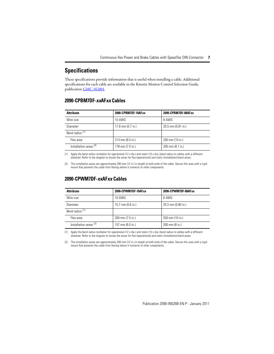 Specifications, 2090-cpbm7df-xxafxx cables, 2090-cpwm7df-xxafxx cables | Specifications 7 | Rockwell Automation 2090-CPBM7DF-08AF Continuous-flex Power Cables with SpeedTec DIN Connector Installation Instruction User Manual | Page 7 / 8