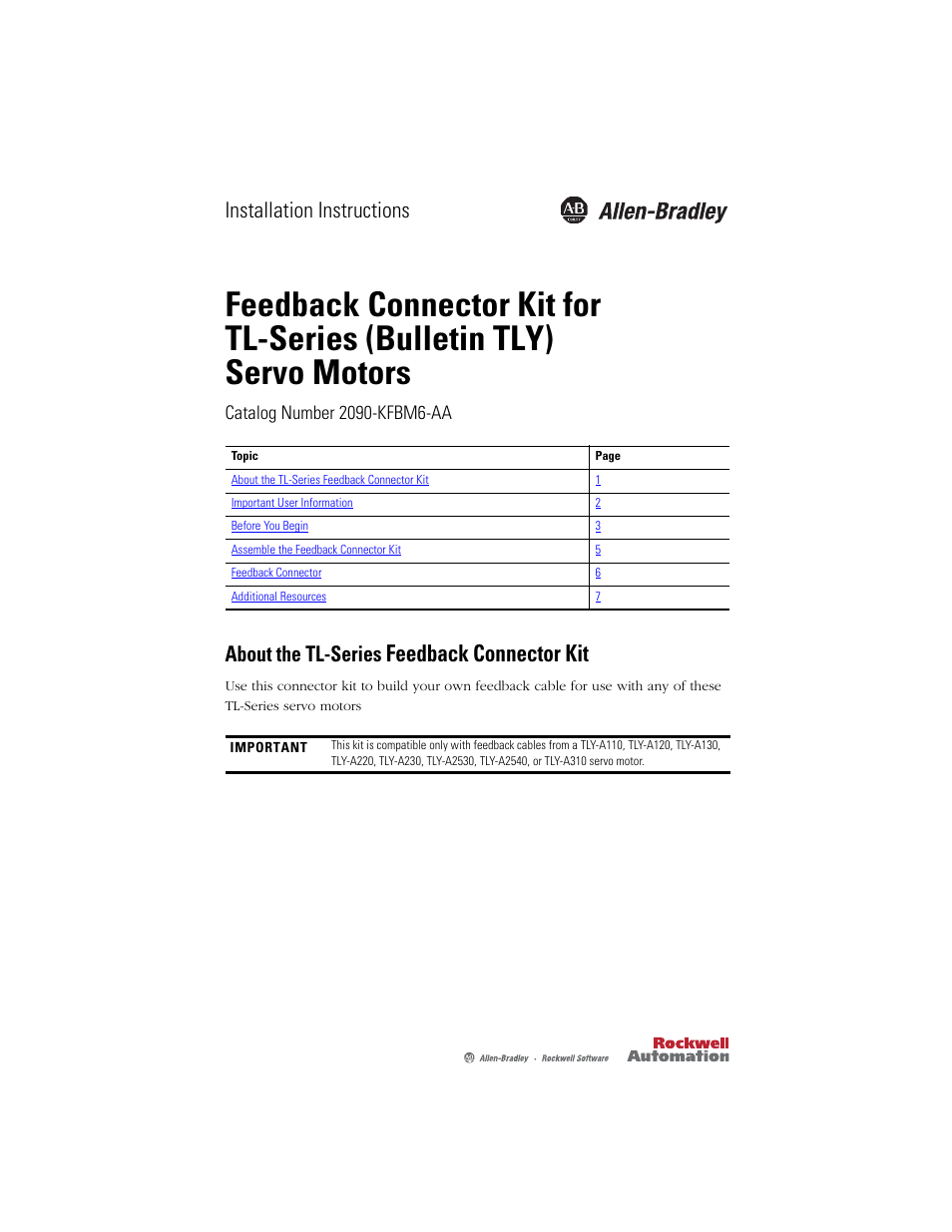 Rockwell Automation 2090-KFBM6-AA Feedback Connector Kit for TL-Series (Bulletin TLY) Servo Motors User Manual | 8 pages