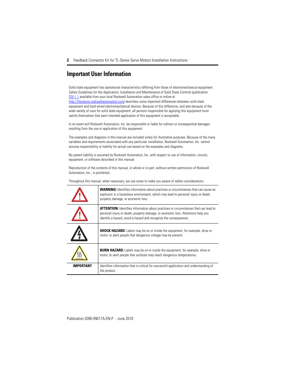 Important user information | Rockwell Automation 2090-KFBM6-AA Feedback Connector Kit for TL-Series (Bulletin TLY) Servo Motors User Manual | Page 2 / 8