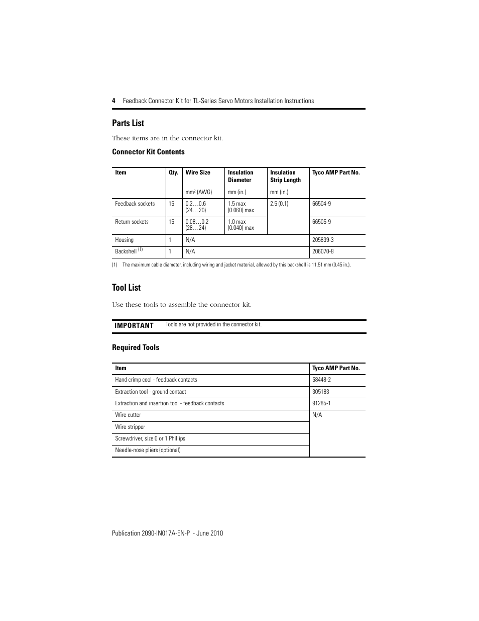 Parts list, Tool list, Parts list on | Rockwell Automation 2090-KFBM6-AA Feedback Connector Kit for TL-Series (Bulletin TLY) Servo Motors User Manual | Page 4 / 8