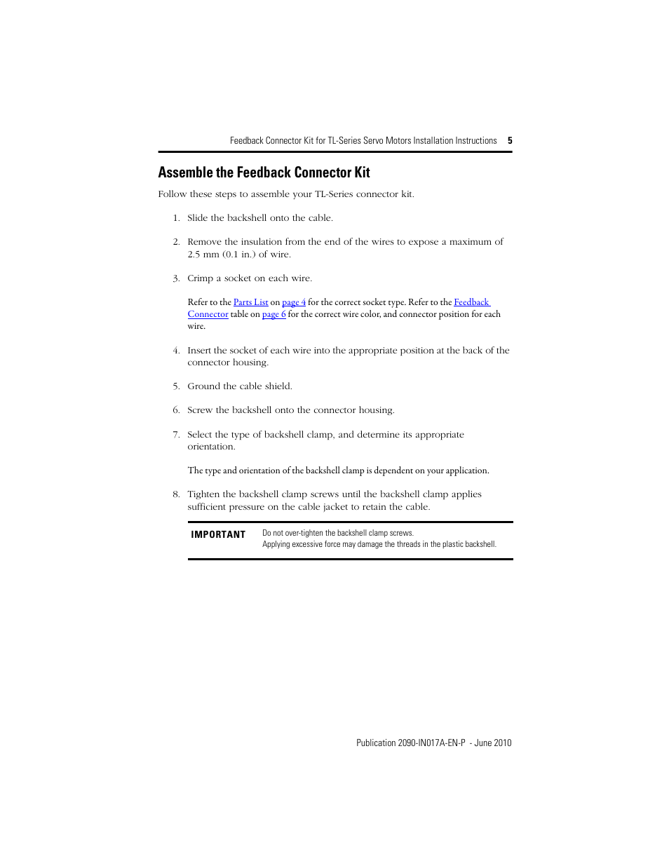 Assemble the feedback connector kit | Rockwell Automation 2090-KFBM6-AA Feedback Connector Kit for TL-Series (Bulletin TLY) Servo Motors User Manual | Page 5 / 8