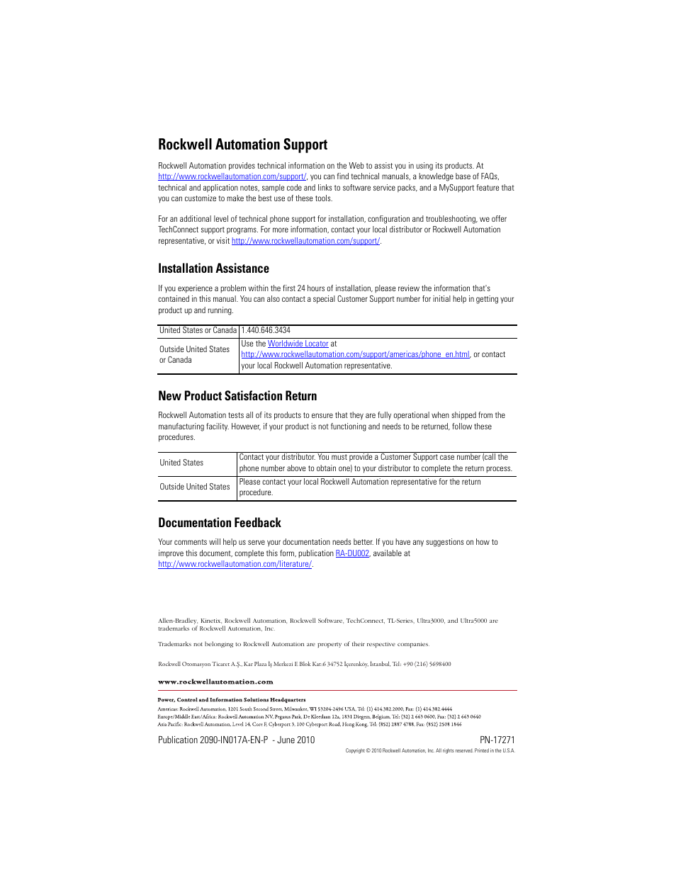 Rockwell automation support, Installation assistance, New product satisfaction return | Documentation feedback | Rockwell Automation 2090-KFBM6-AA Feedback Connector Kit for TL-Series (Bulletin TLY) Servo Motors User Manual | Page 8 / 8