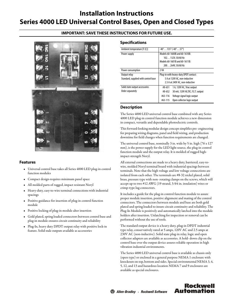 Rockwell Automation 4000 Series 4000 LED Universal Control Bases, Open and Closed Types User Manual | 4 pages