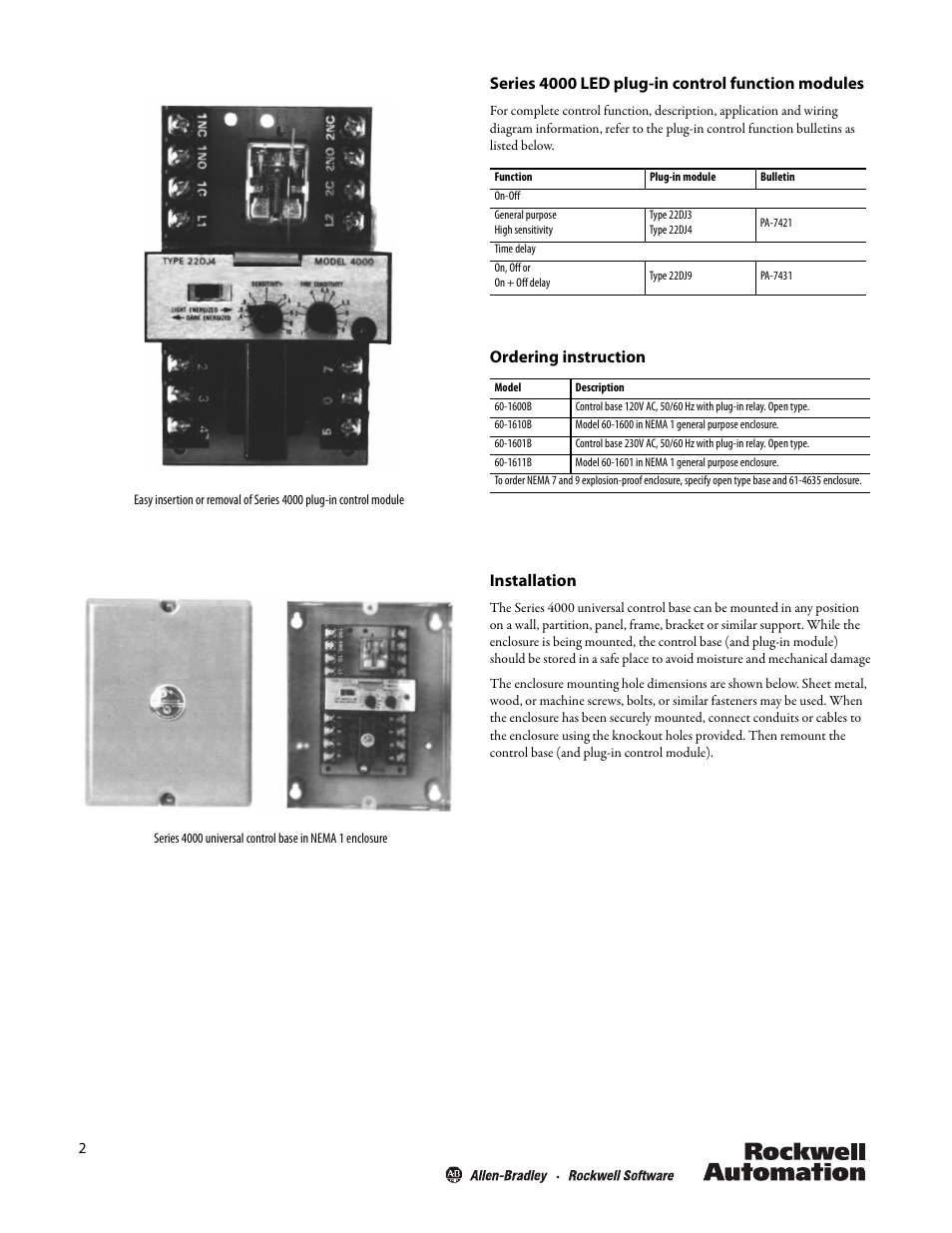 Series 4000 led plug-in control function modules, Ordering instruction installation | Rockwell Automation 4000 Series 4000 LED Universal Control Bases, Open and Closed Types User Manual | Page 2 / 4