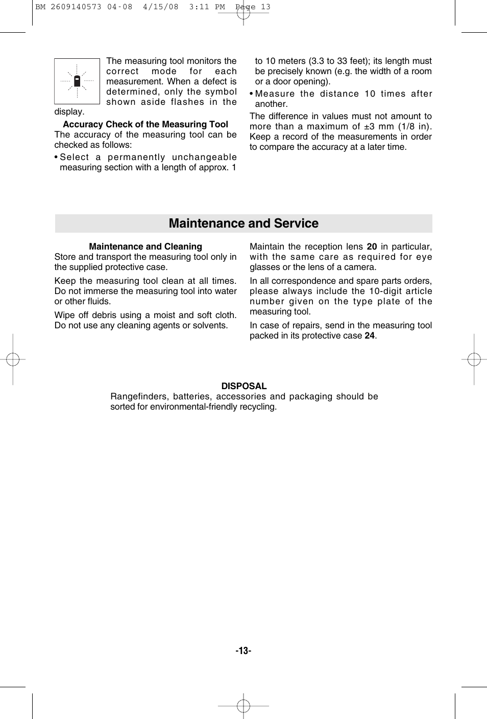 Maintenance and service | Bosch DLR165 User Manual | Page 13 / 32