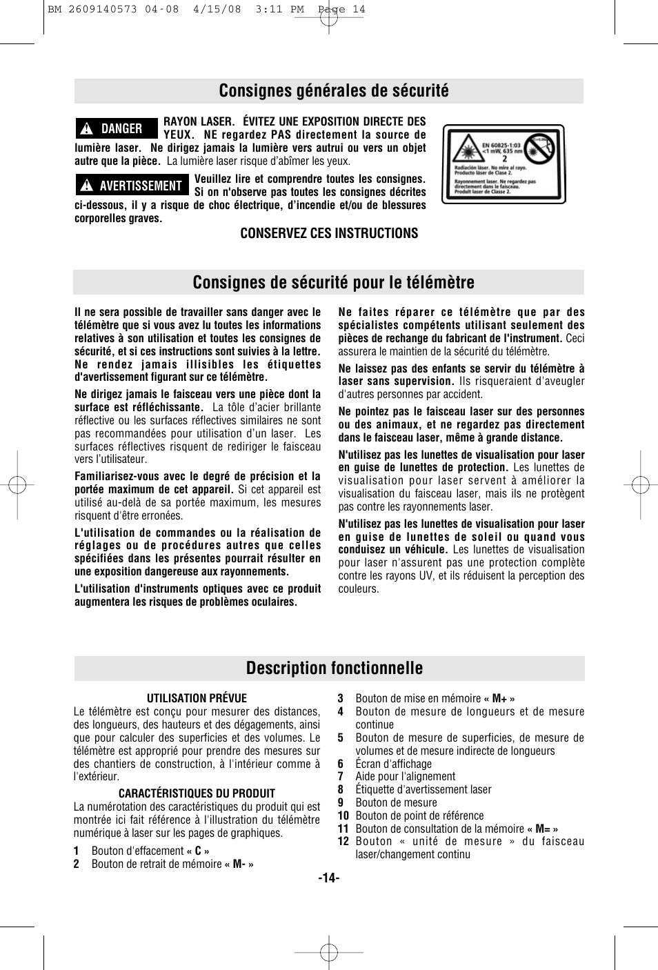 Consignes générales de sécurité | Bosch DLR165 User Manual | Page 14 / 32