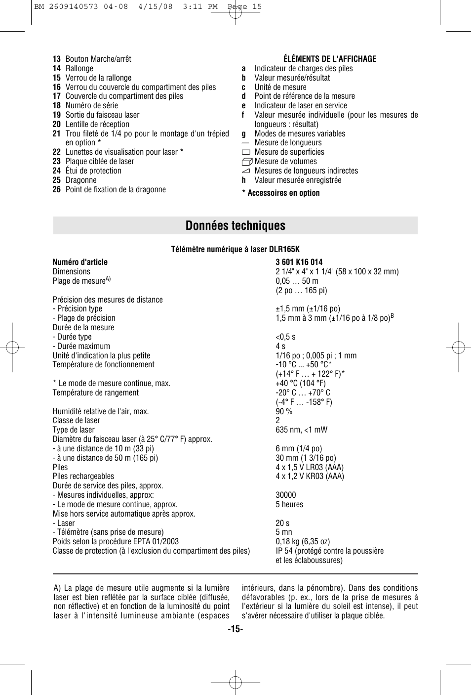 Données techniques | Bosch DLR165 User Manual | Page 15 / 32