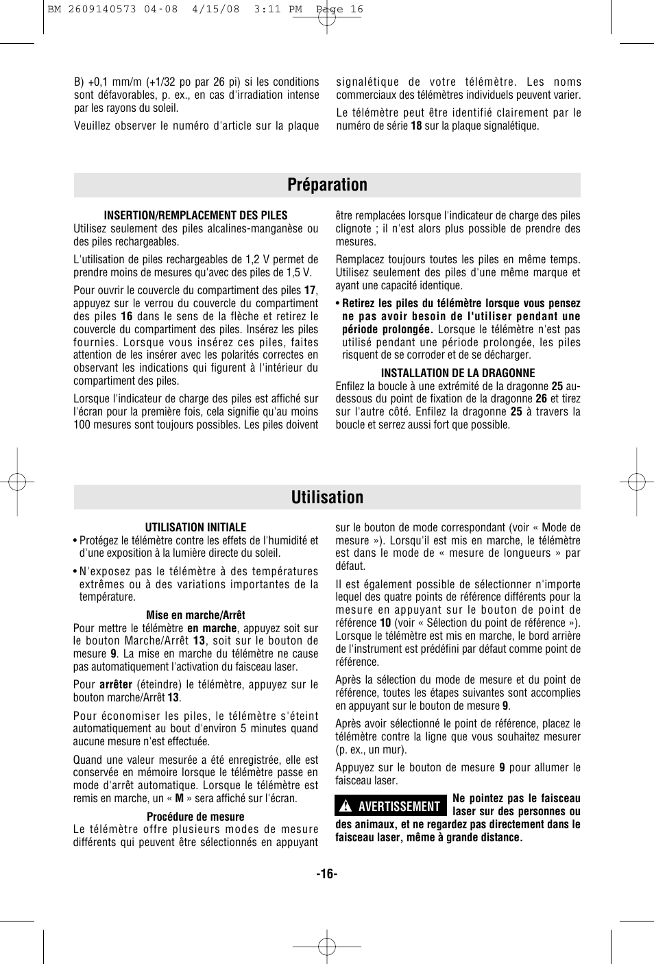 Préparation utilisation | Bosch DLR165 User Manual | Page 16 / 32