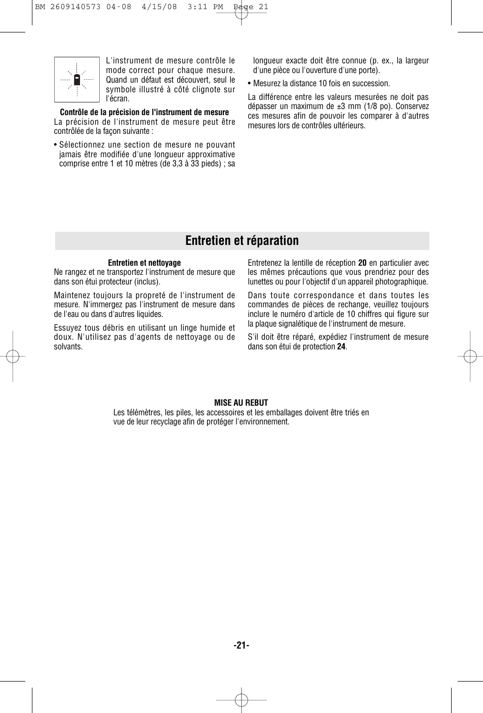 Entretien et réparation | Bosch DLR165 User Manual | Page 21 / 32