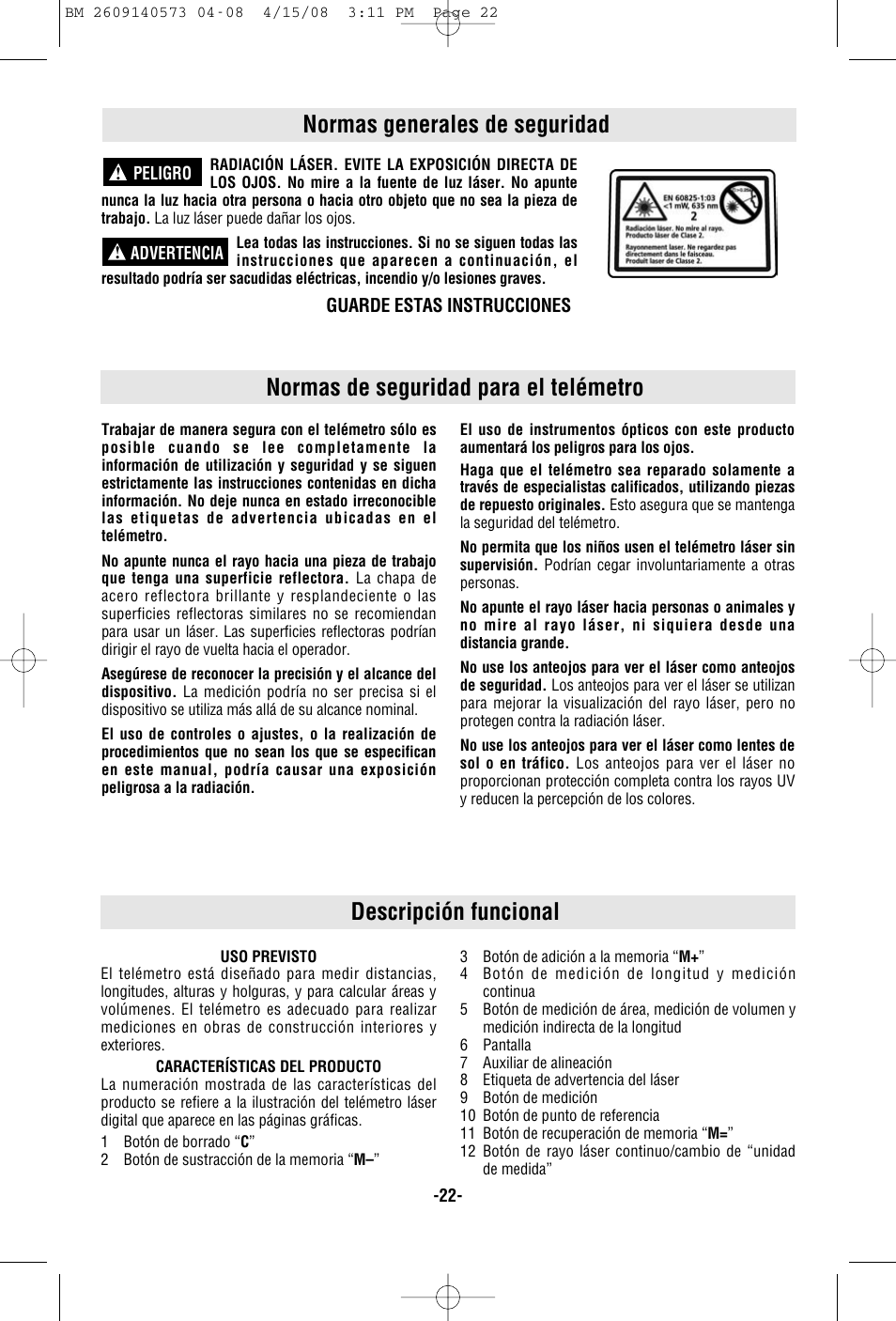 Normas generales de seguridad | Bosch DLR165 User Manual | Page 22 / 32