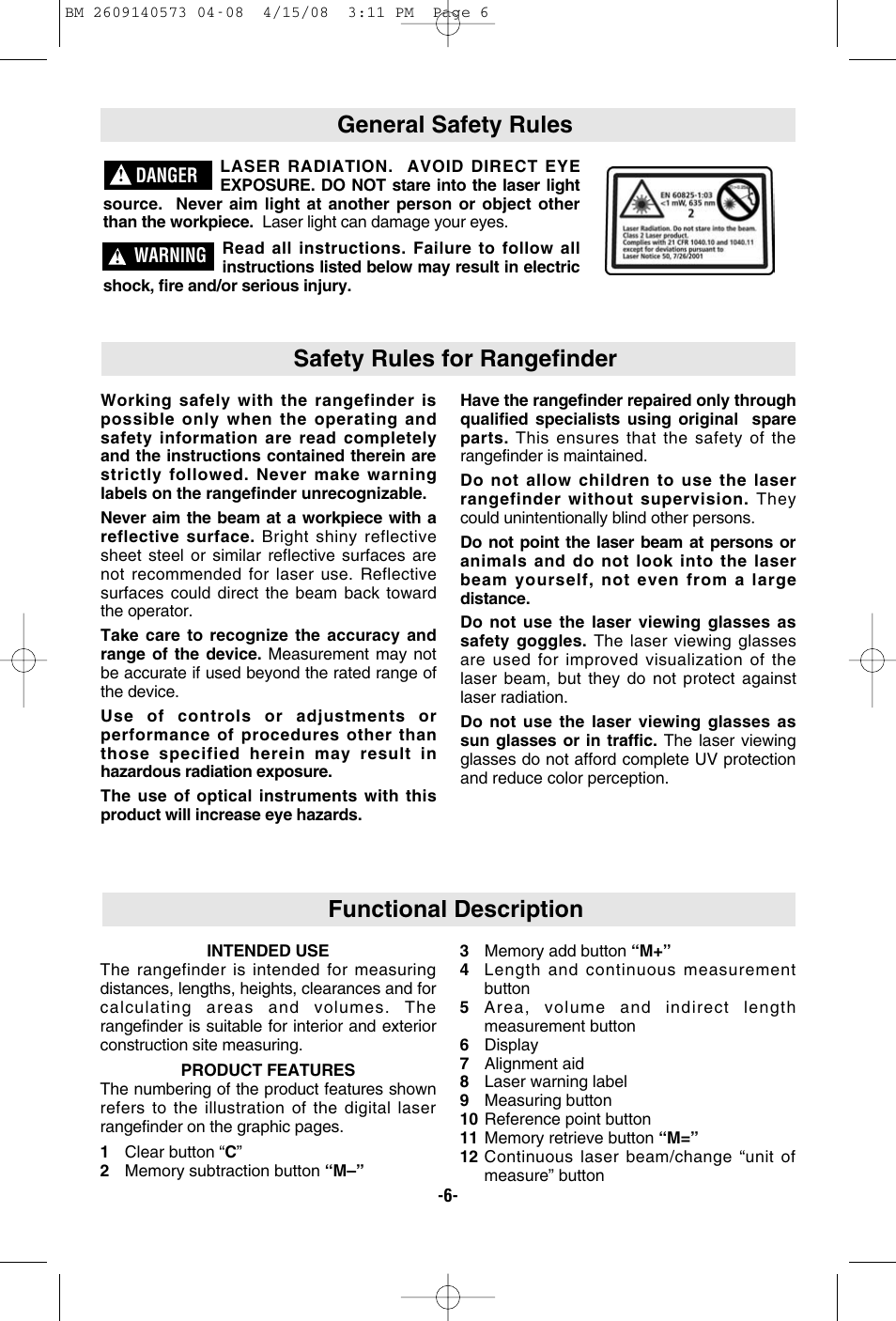 Functional description, General safety rules, Safety rules for rangefinder | Bosch DLR165 User Manual | Page 6 / 32