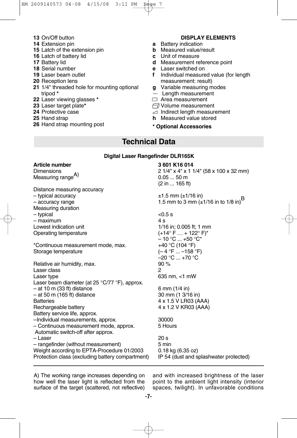 Technical data | Bosch DLR165 User Manual | Page 7 / 32