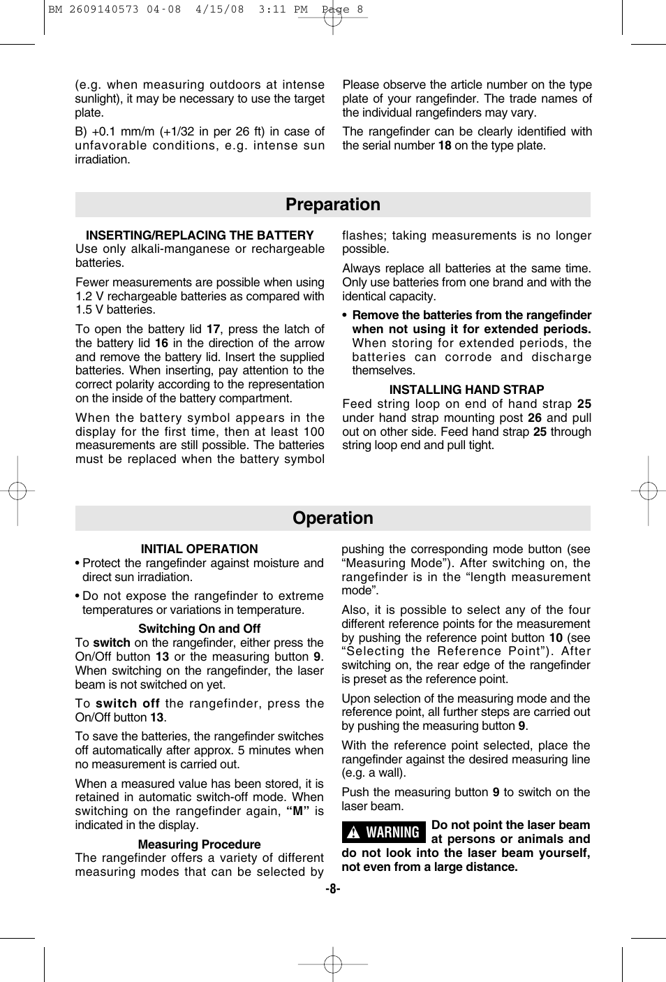 Preparation, Operation | Bosch DLR165 User Manual | Page 8 / 32