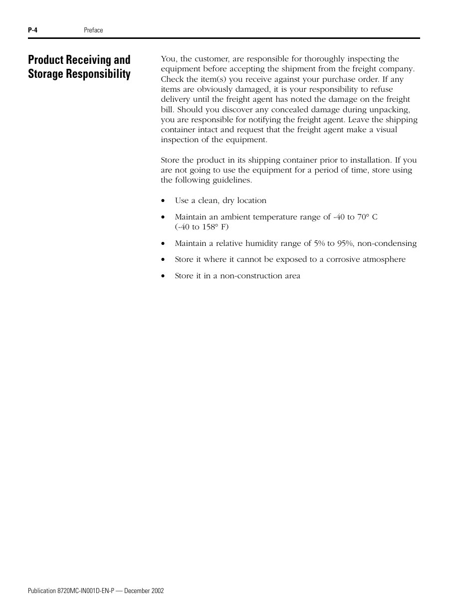 Product receiving and storage responsibility | Rockwell Automation 8720MC High Performance Drives Installation Manual User Manual | Page 10 / 133