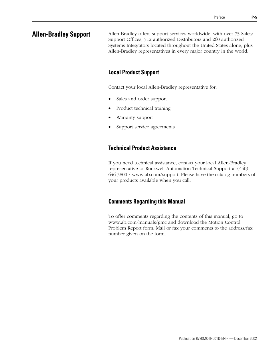 Allen-bradley support, Local product support, Technical product assistance | Comments regarding this manual | Rockwell Automation 8720MC High Performance Drives Installation Manual User Manual | Page 11 / 133
