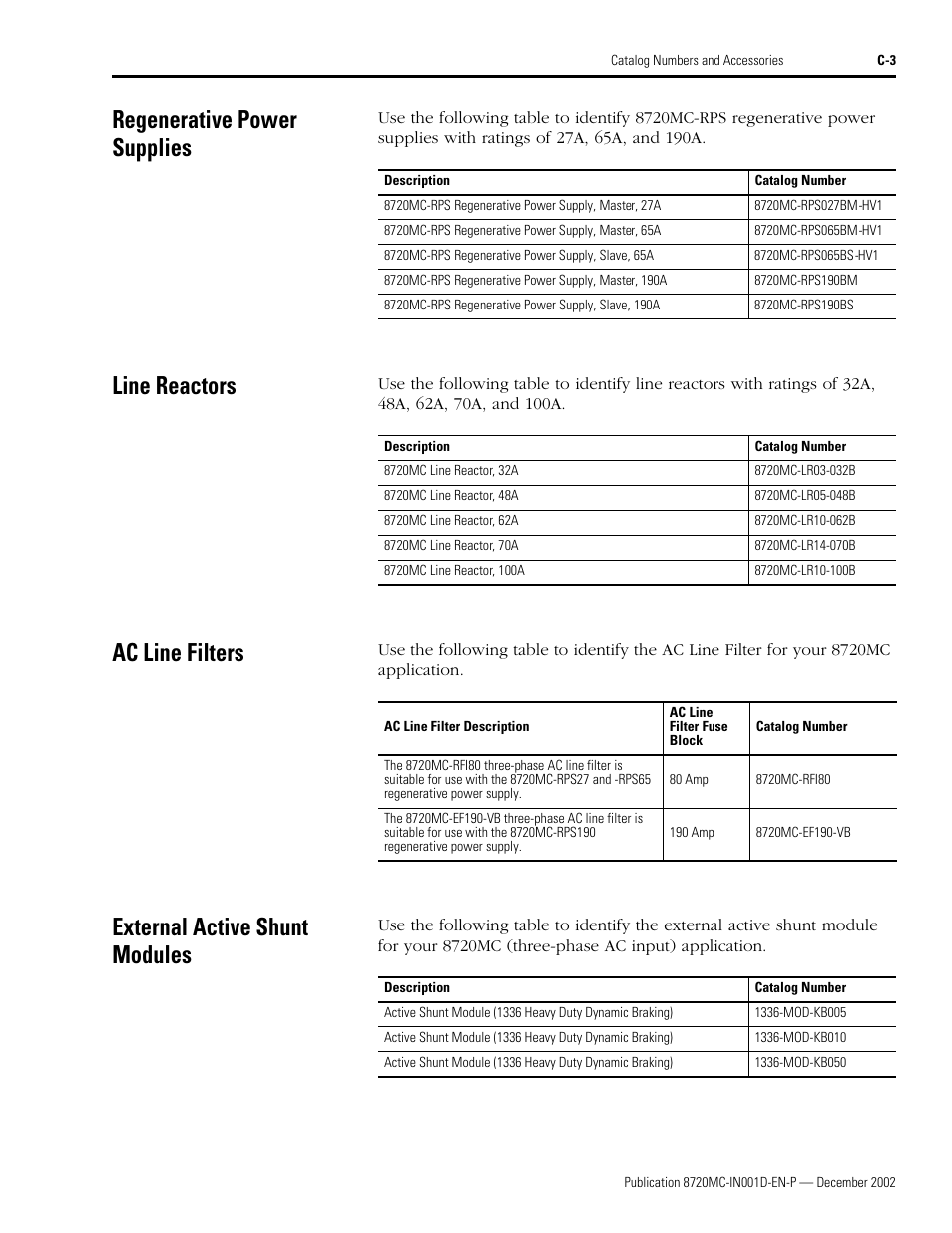 Regenerative power supplies, Line reactors, Ac line filters | External active shunt modules | Rockwell Automation 8720MC High Performance Drives Installation Manual User Manual | Page 123 / 133