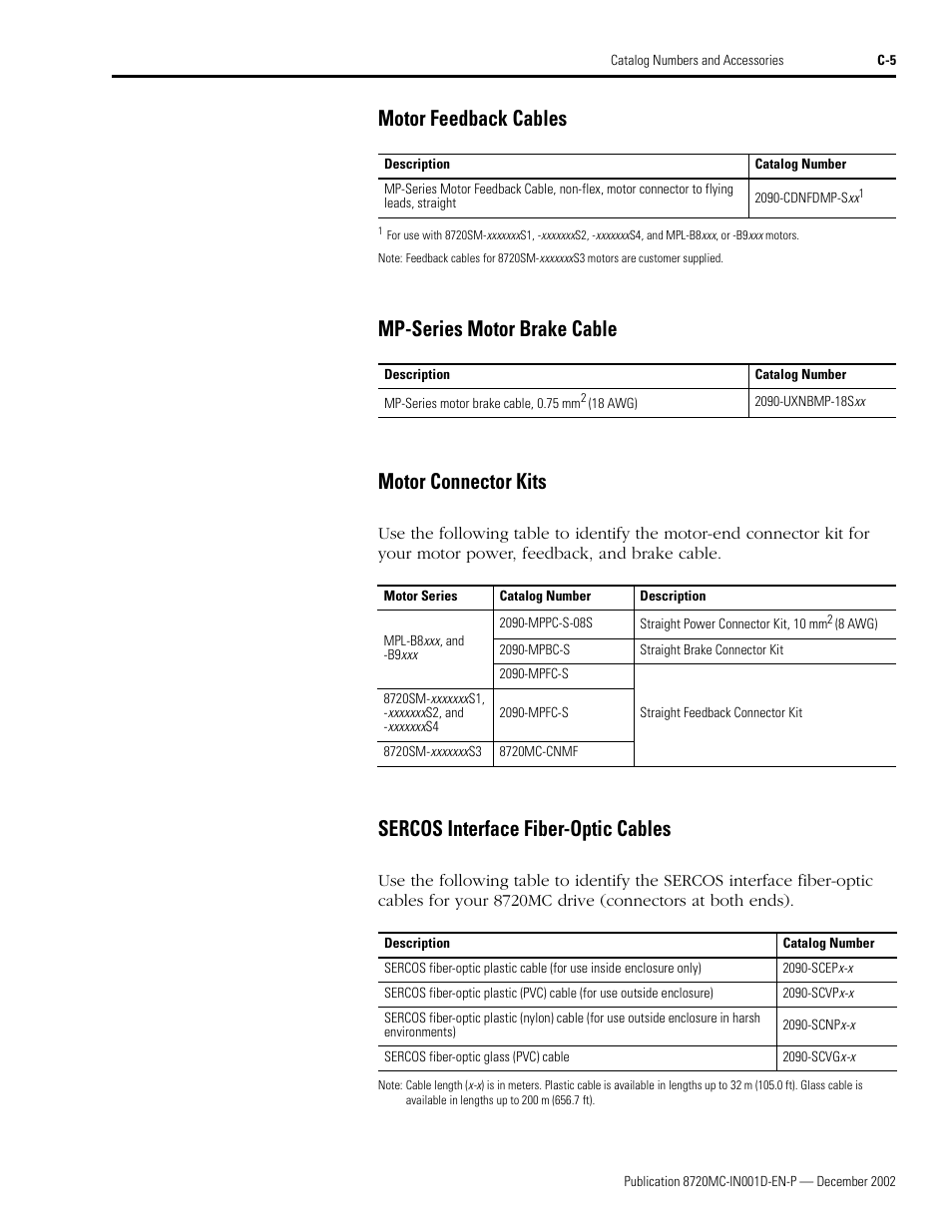 Motor feedback cables, Mp-series motor brake cable, Motor connector kits | Sercos interface fiber-optic cables, Mp-series motor brake cable motor connector kits | Rockwell Automation 8720MC High Performance Drives Installation Manual User Manual | Page 125 / 133