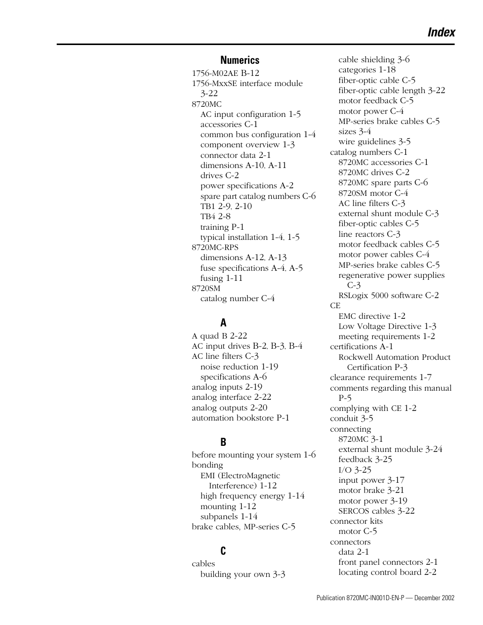 Index, Numerics | Rockwell Automation 8720MC High Performance Drives Installation Manual User Manual | Page 129 / 133