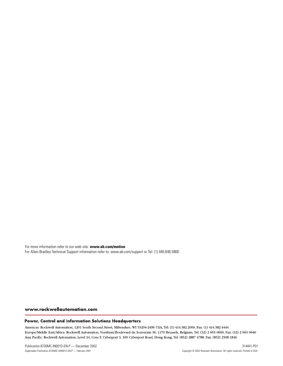 Back cover | Rockwell Automation 8720MC High Performance Drives Installation Manual User Manual | Page 133 / 133