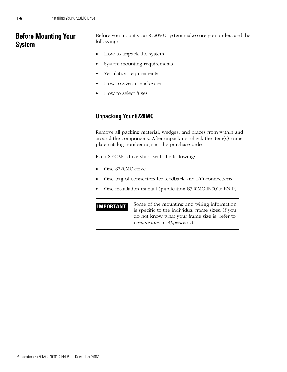 Before mounting your system, Unpacking your 8720mc, Before mounting your system -6 | Unpacking your 8720mc -6 | Rockwell Automation 8720MC High Performance Drives Installation Manual User Manual | Page 18 / 133