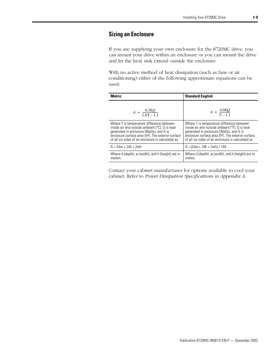 Sizing an enclosure, Sizing an enclosure -9 | Rockwell Automation 8720MC High Performance Drives Installation Manual User Manual | Page 21 / 133