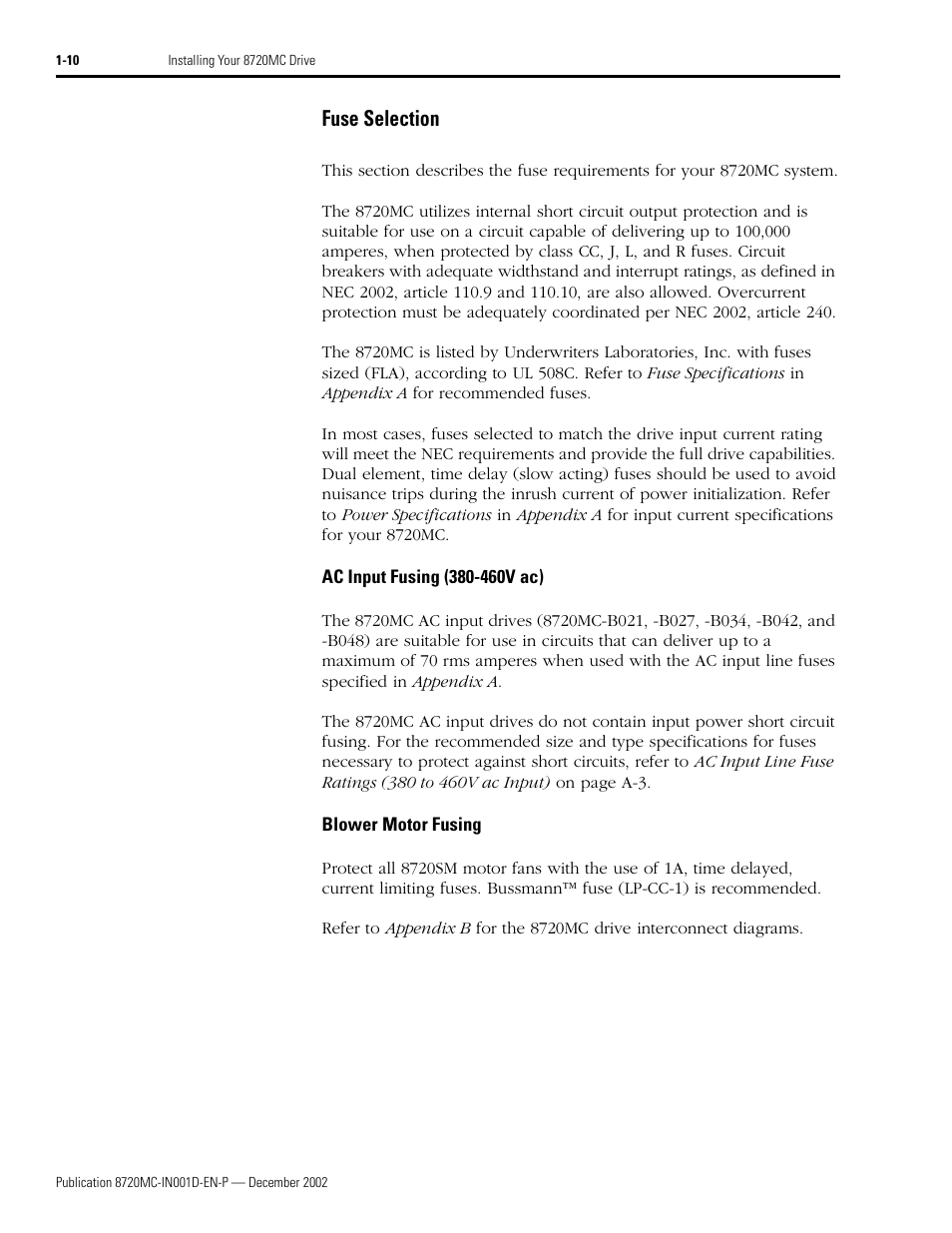 Fuse selection, Ac input fusing (380-460v ac), Blower motor fusing | Fuse selection -10 | Rockwell Automation 8720MC High Performance Drives Installation Manual User Manual | Page 22 / 133