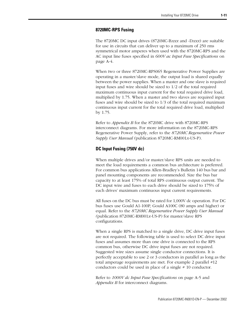 8720mc-rps fusing, Dc input fusing (750v dc) | Rockwell Automation 8720MC High Performance Drives Installation Manual User Manual | Page 23 / 133