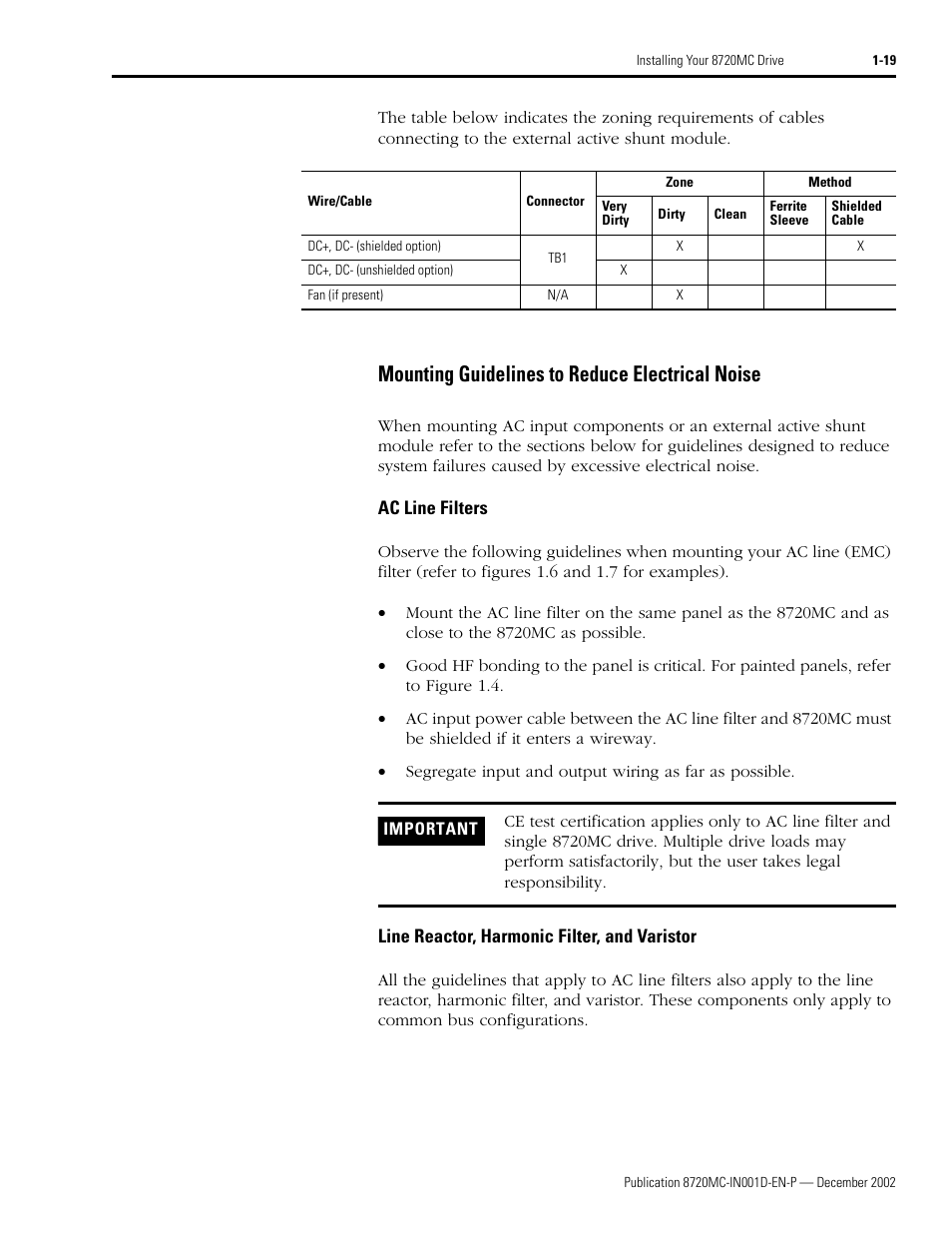 Mounting guidelines to reduce electrical noise, Ac line filters, Line reactor, harmonic filter, and varistor | Mounting guidelines to reduce electrical noise -19 | Rockwell Automation 8720MC High Performance Drives Installation Manual User Manual | Page 31 / 133