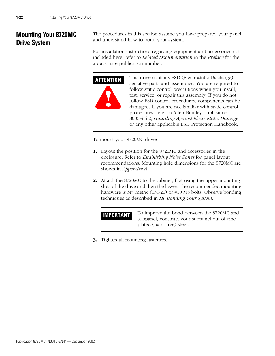 Mounting your 8720mc drive system, Mounting your 8720mc drive system -22 | Rockwell Automation 8720MC High Performance Drives Installation Manual User Manual | Page 34 / 133