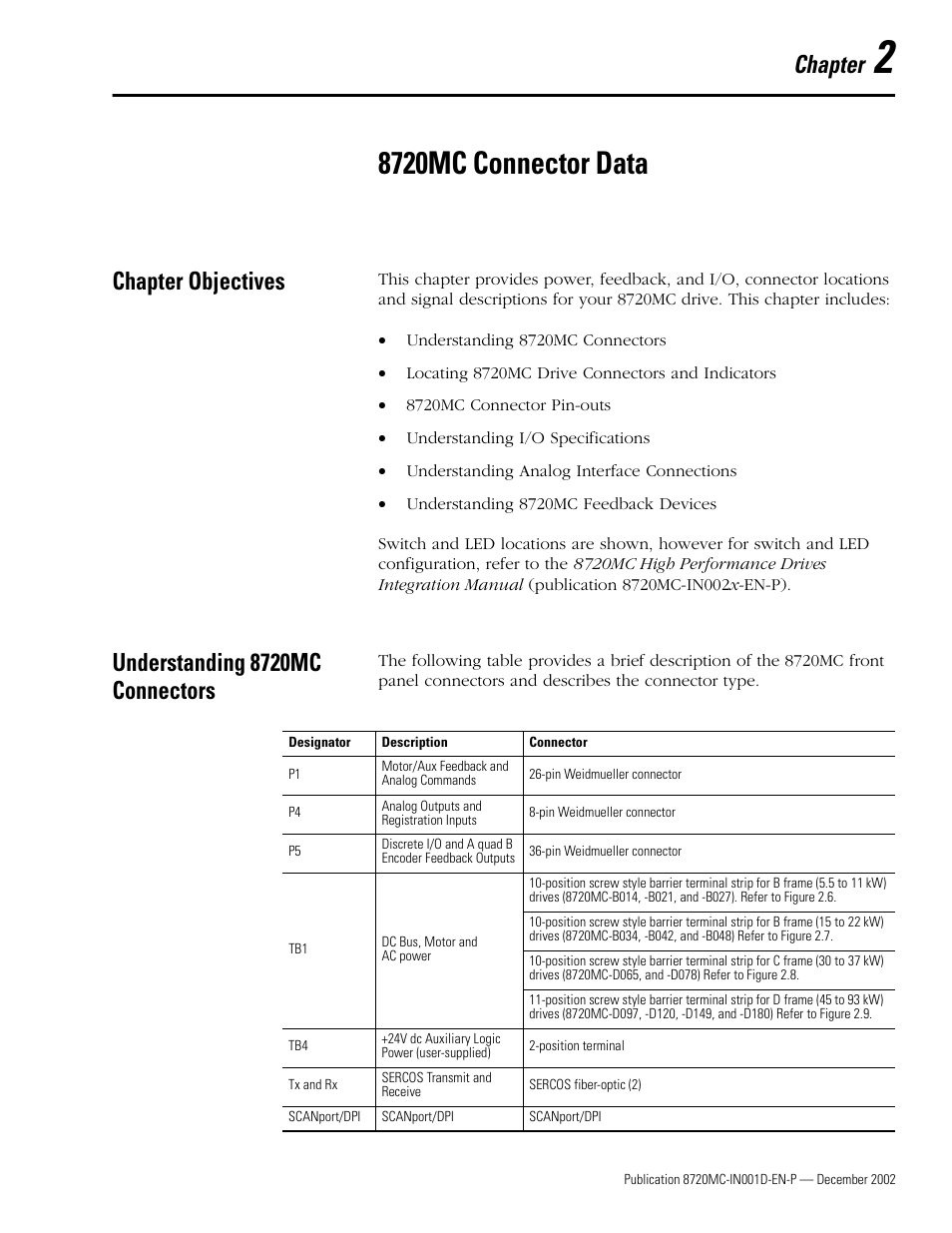 Chapter 2 - 8720mc connector data, Chapter objectives, Understanding 8720mc connectors | Chapter 2, 8720mc connector data, Chapter | Rockwell Automation 8720MC High Performance Drives Installation Manual User Manual | Page 35 / 133