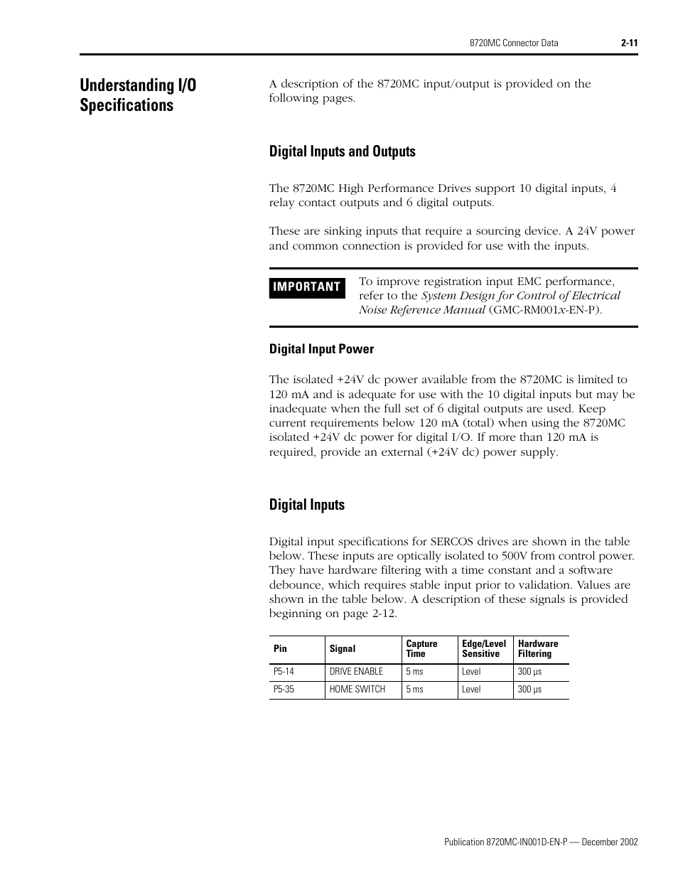 Understanding i/o specifications, Digital inputs and outputs, Digital input power | Digital inputs, Understanding i/o specifications -11, Digital inputs and outputs -11, Digital input power -11, Digital inputs -11 | Rockwell Automation 8720MC High Performance Drives Installation Manual User Manual | Page 45 / 133