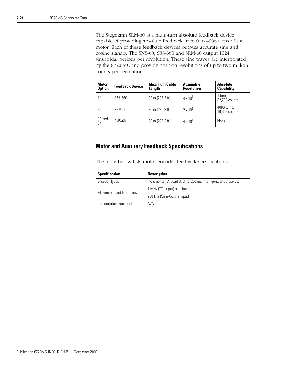 Motor and auxiliary feedback specifications, Motor and auxiliary feedback specifications -24 | Rockwell Automation 8720MC High Performance Drives Installation Manual User Manual | Page 58 / 133