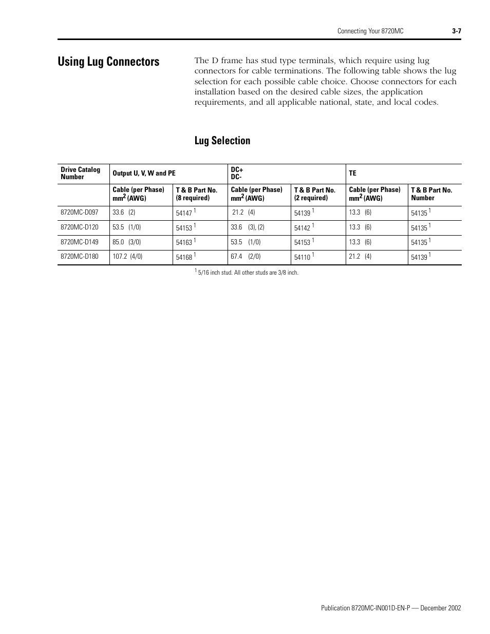 Using lug connectors, Lug selection, Using lug connectors -7 | Lug selection -7 | Rockwell Automation 8720MC High Performance Drives Installation Manual User Manual | Page 69 / 133